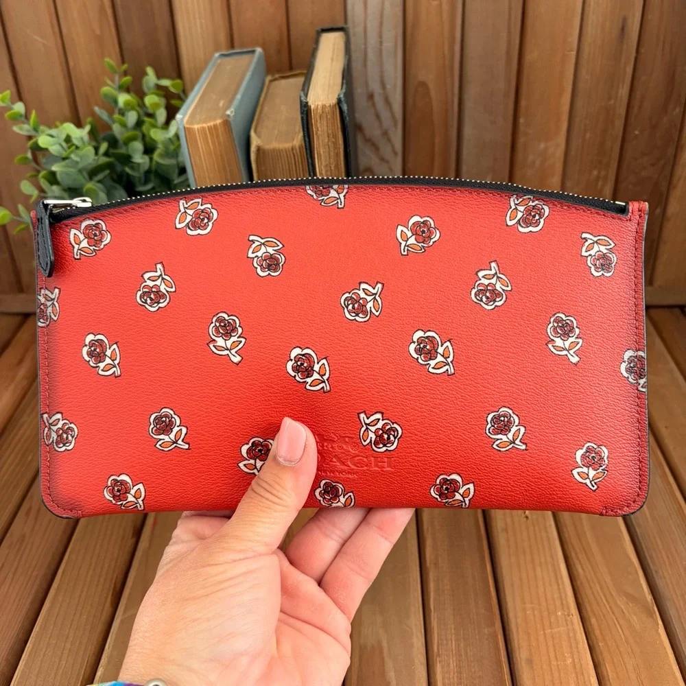 Coach Floral Print Leather Zip Pouch Essentials Wallet Coral Red - Picture 4 of 6
